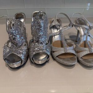 Silver Sequin Heels size 7 open to rhinestones sequins glitter ankle straps 2 pr